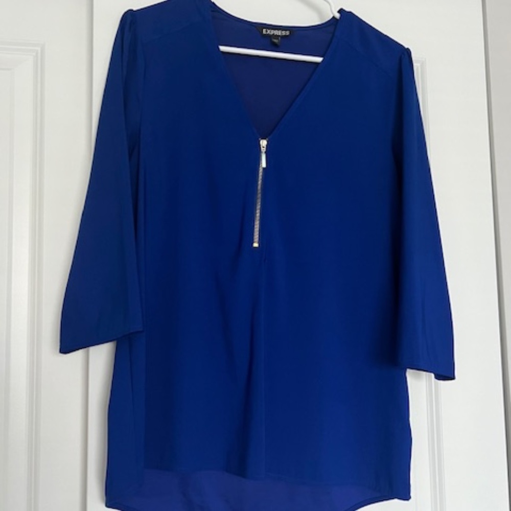 Express Royal Blue 3/4 Sleeve Blouse with Gold Zipper Detail. Size M.
